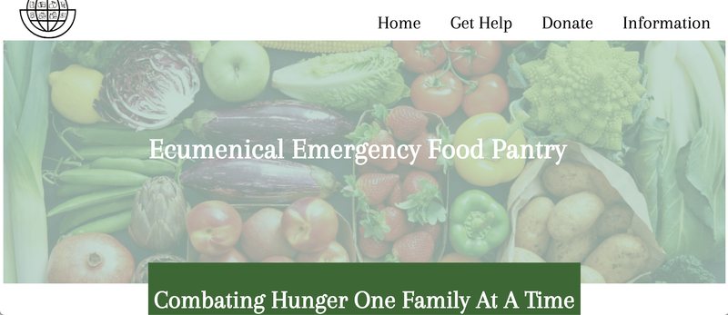 The Ecumenical Emergency Food Pantry website, headlined "Combating Hunger One Family At A Time"