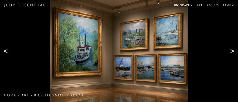 The Judy Rosenthal website, showing a gallery wall of her framed paintings